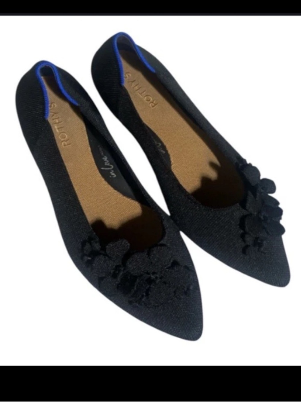 Rothys The Petal Point Ballet Flats Women 10.5 Black Floral Knit Office Shoe Eco